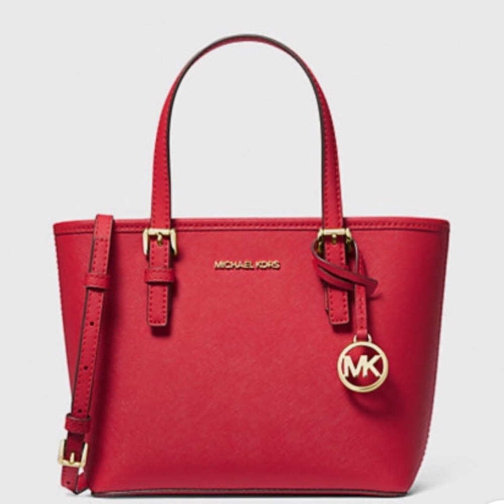 Michael Kors Scarlet Mini Red Tote with Structured Design and Gold Accents